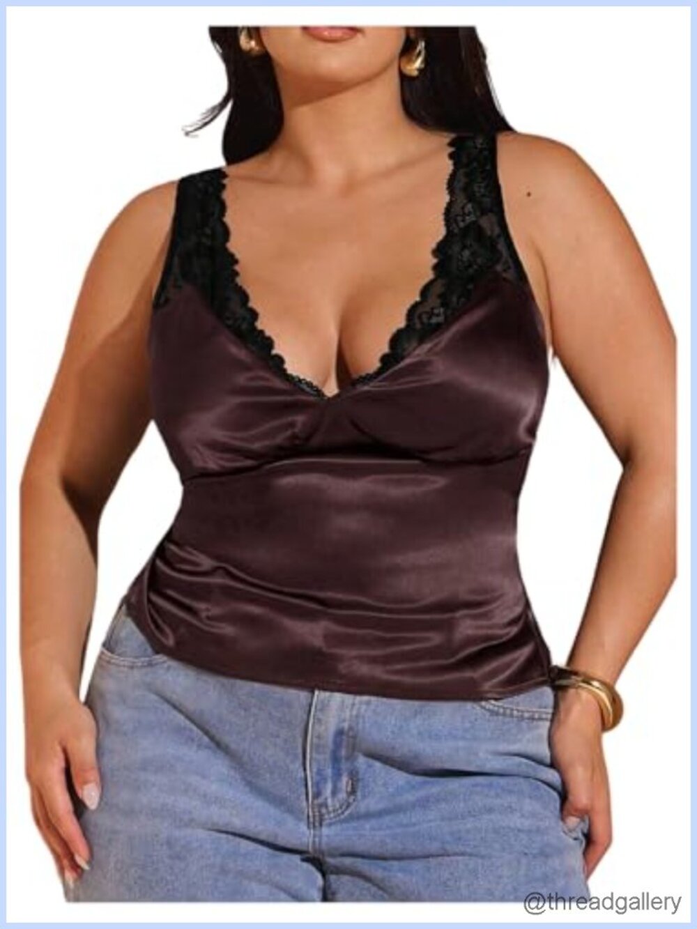 Plus Size Satin V Neck Lace Trim Ruched Sleeveless Tank Top Blouse